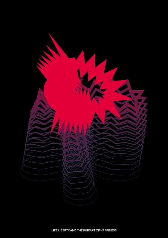 Print 5 of 5, a Peter Saville artwork for the Beyond The Music 2026 programme: a spiky red burst above stacked purple zigzag lines on black